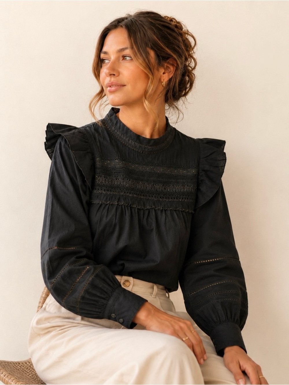 J.Crew Black Cotton Pintuck Ruffle Eyelet Mock Neck Blouse Top Women’s Small